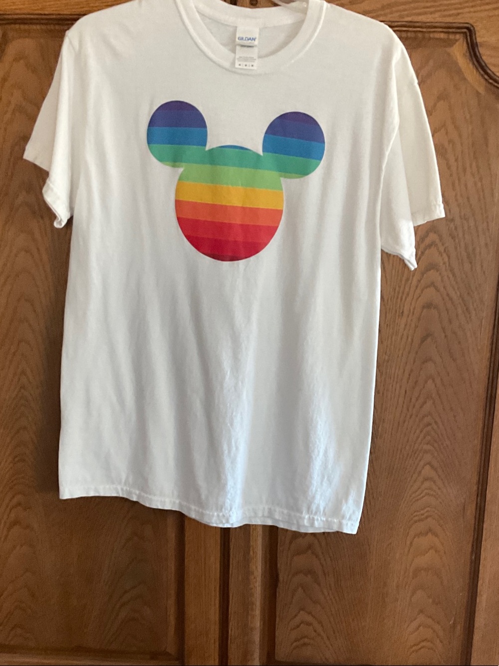 Gildan White Tee with Rainbow Mouse Head Graphic